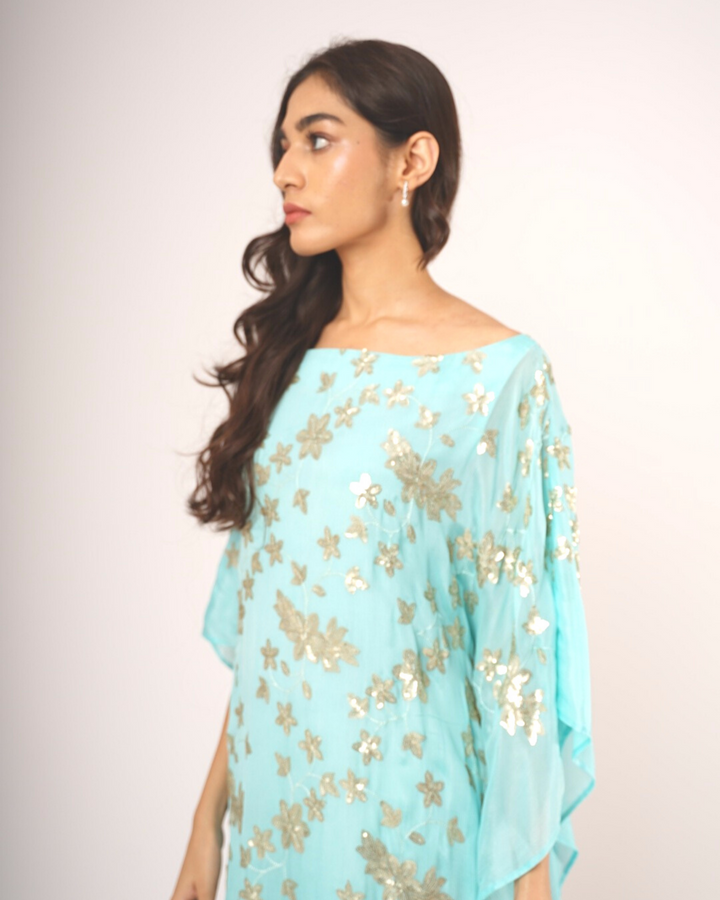 Turquoise Sequins Kaftan With Boat Neckline