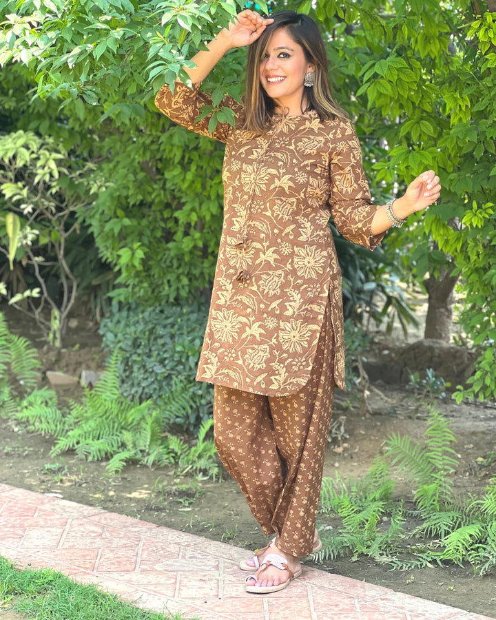 Brown Floral Printed Short Kurta Salwar