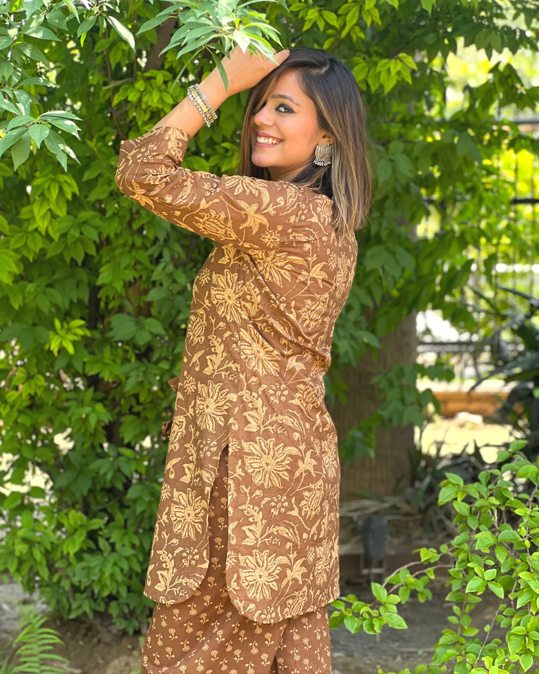 Brown Floral Printed Short Kurta Salwar