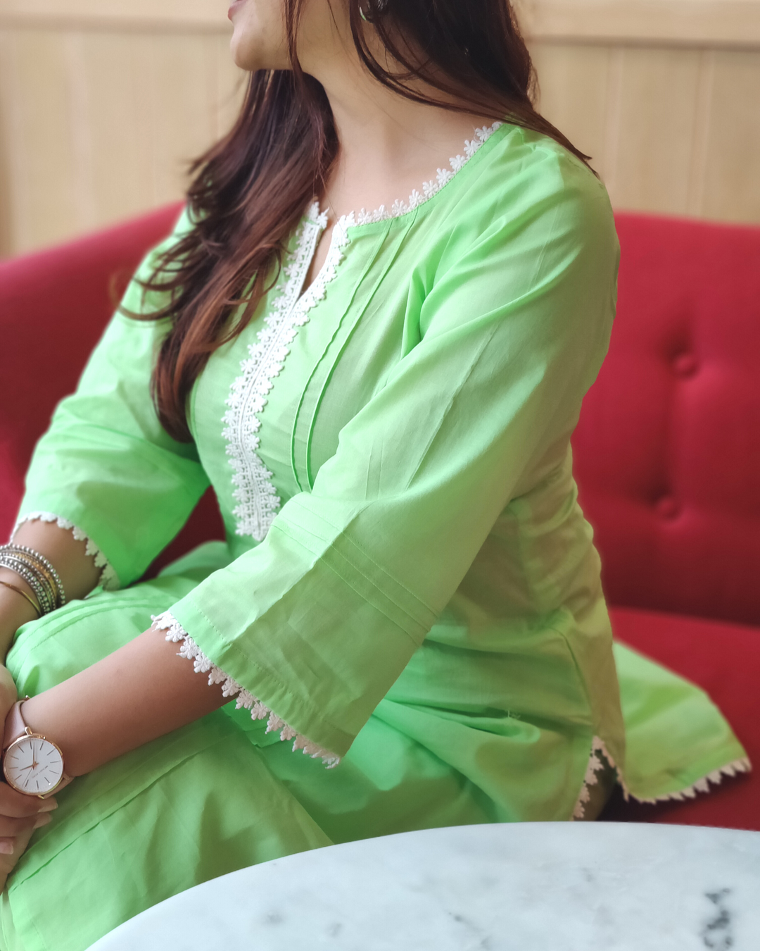 Bru Green Cotton Kurta With Laced Salwar