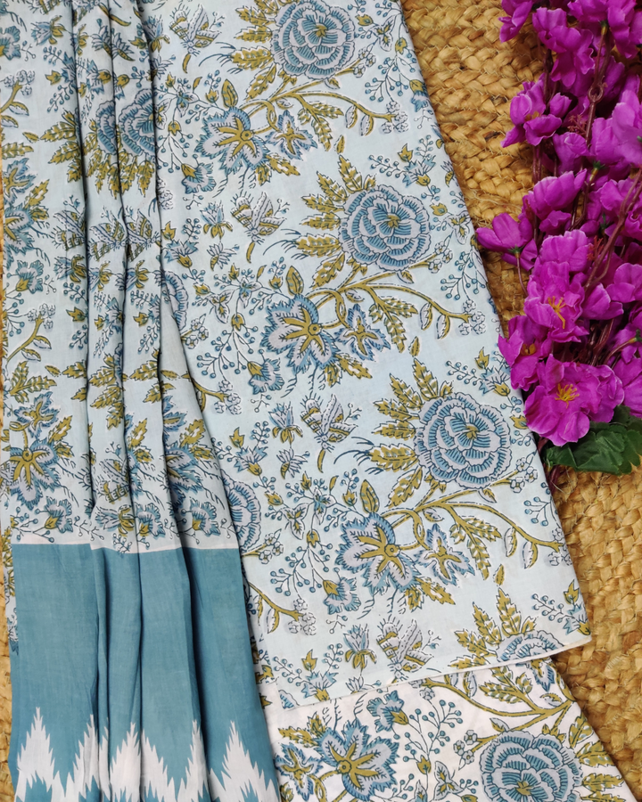 Cotton and Kota Doria Teal Blue Floral Printed