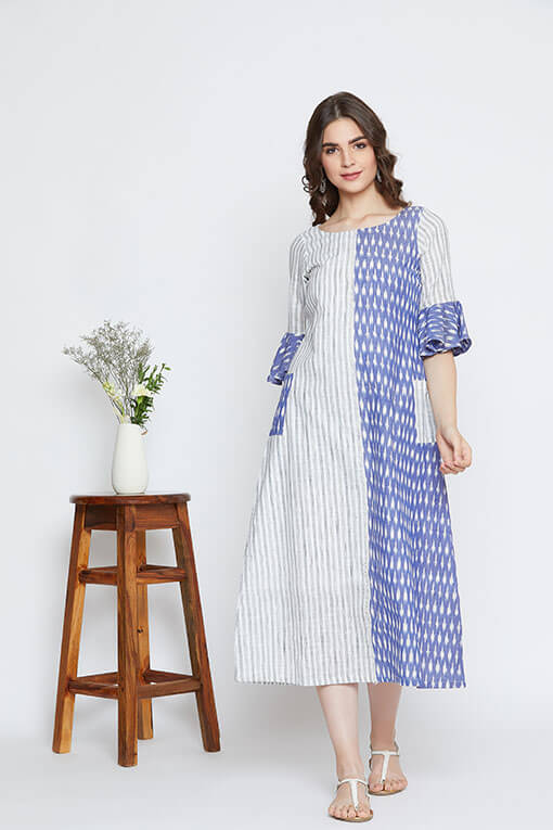 A women's summer maxi dress in handwoven ikat & cotton.