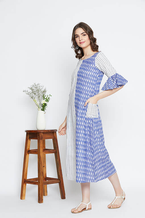 A white & blue summer maxi dress for women in cotton