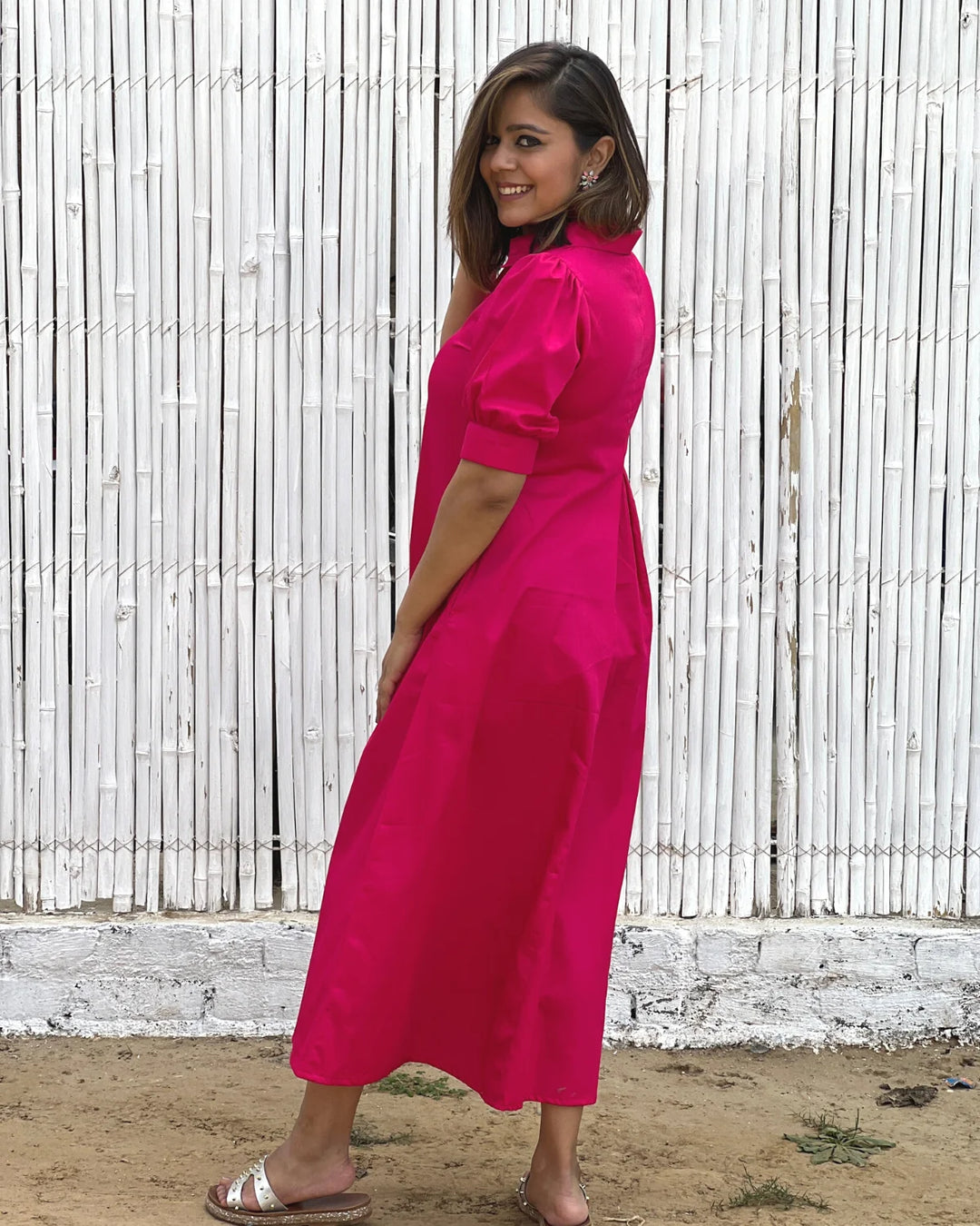 fuchsia cotton dress Lennon Button Down Maxi, Fuchsia