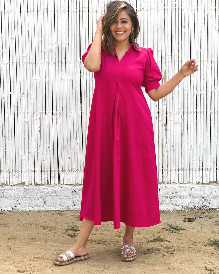 A-Line Fuchsia Cotton Dress for Women