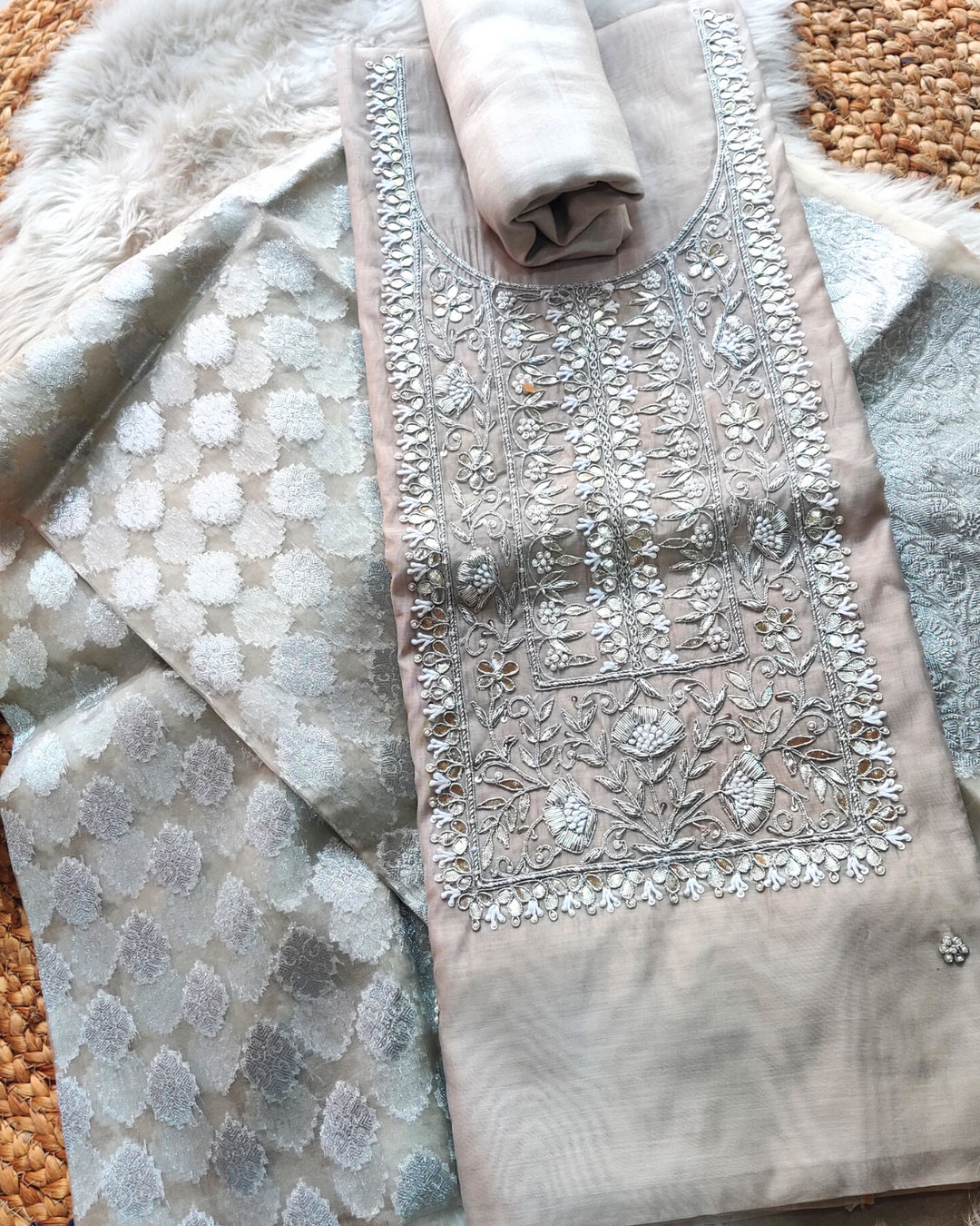 GREY ZARZODI EMBROIDERED UNSTITCHED SUIT - SET OF 3