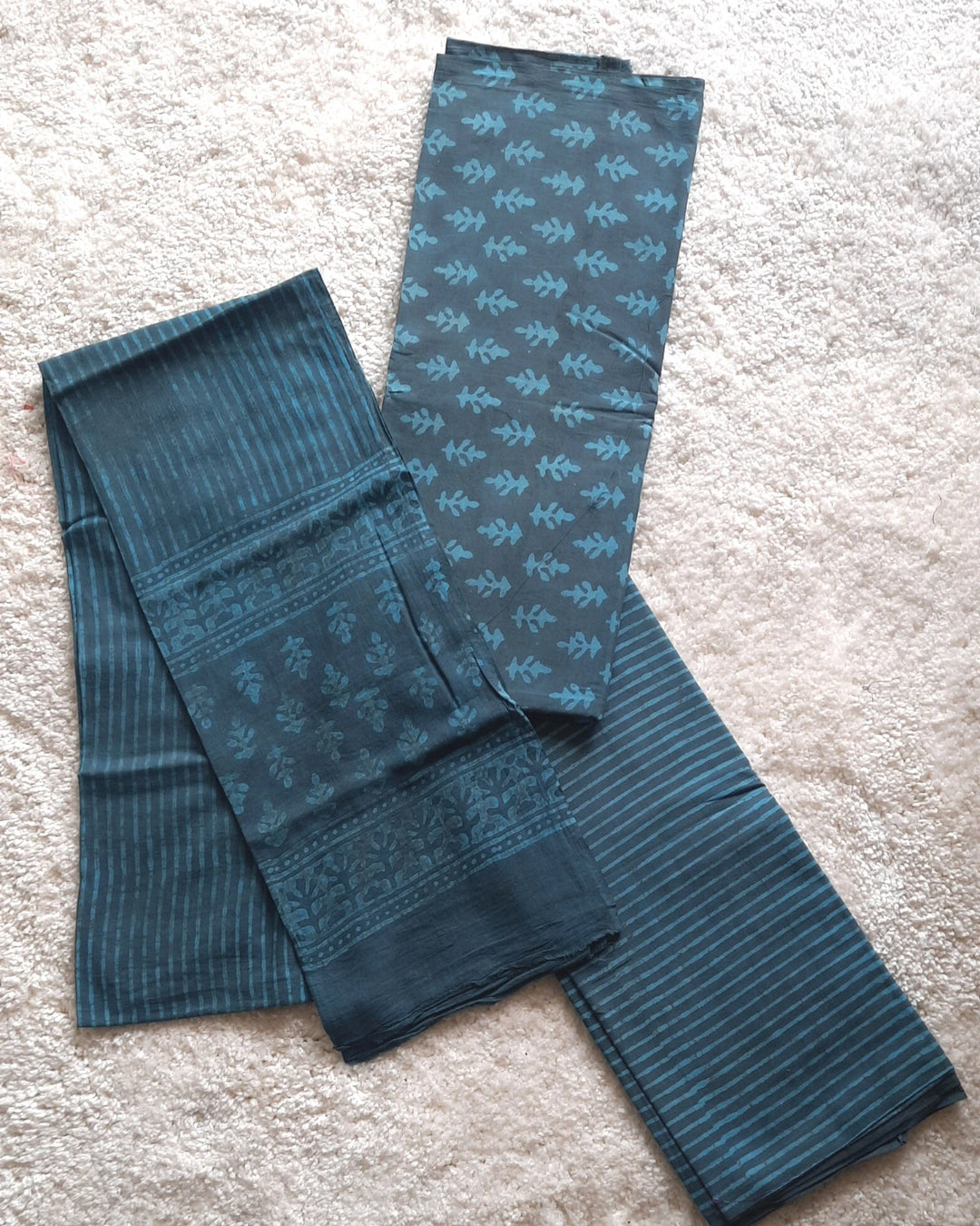Grey Blue Ethnic Print Cotton Unstitched Suit - Set of 3