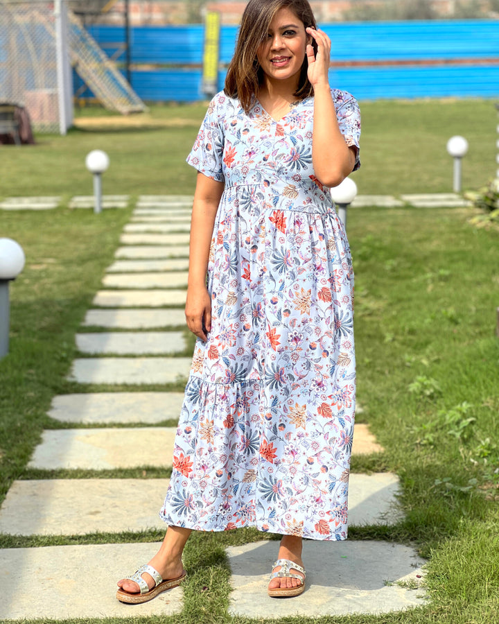 Gathered Crepe Dress in a Grey Floral Print