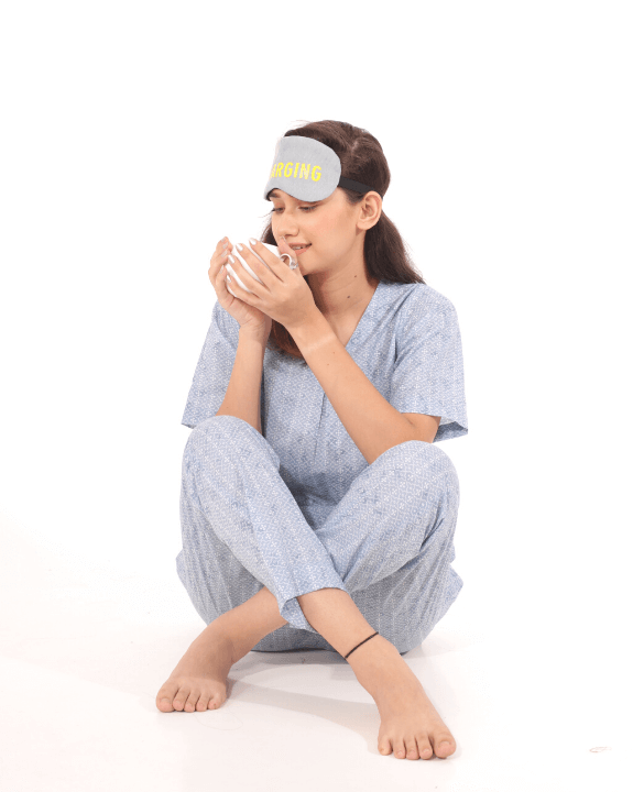 Sip your coffee while lounging in our comfort heather blue set