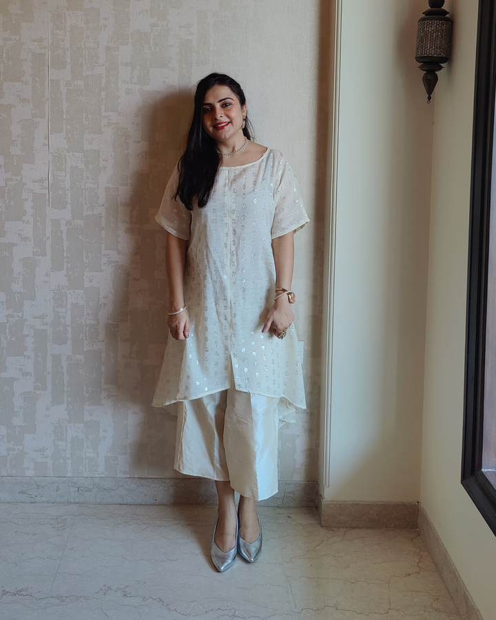Ivory And Silver High Low Kurta