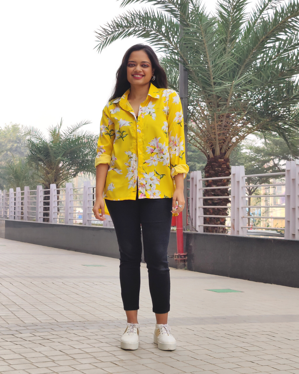 Yellow Floral Printed High Low Shirt