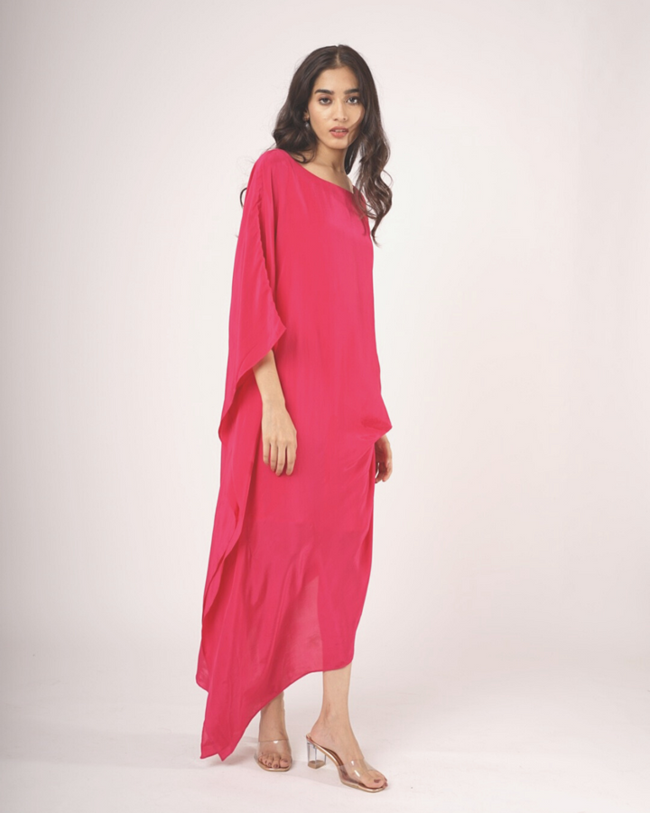 Hot Pink Draped Kaftan Dress With Sleeves On One Side