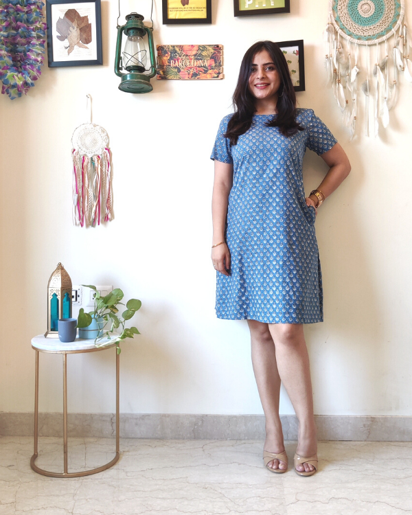 Indian Cotton Short Blue Dress With Short Sleeves