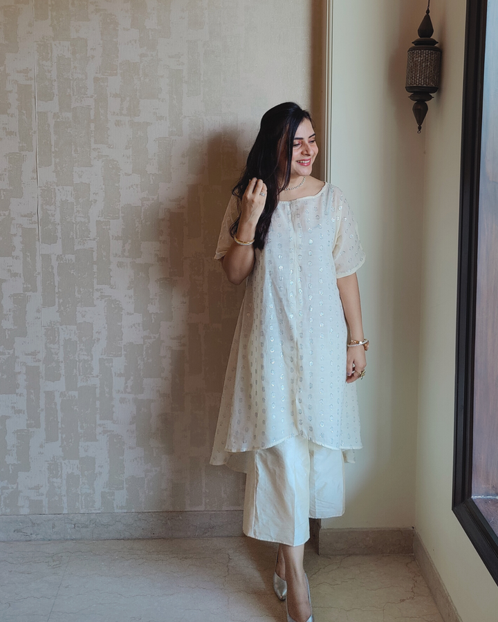 Ivory And Silver High Low Kurta With Half Sleeves