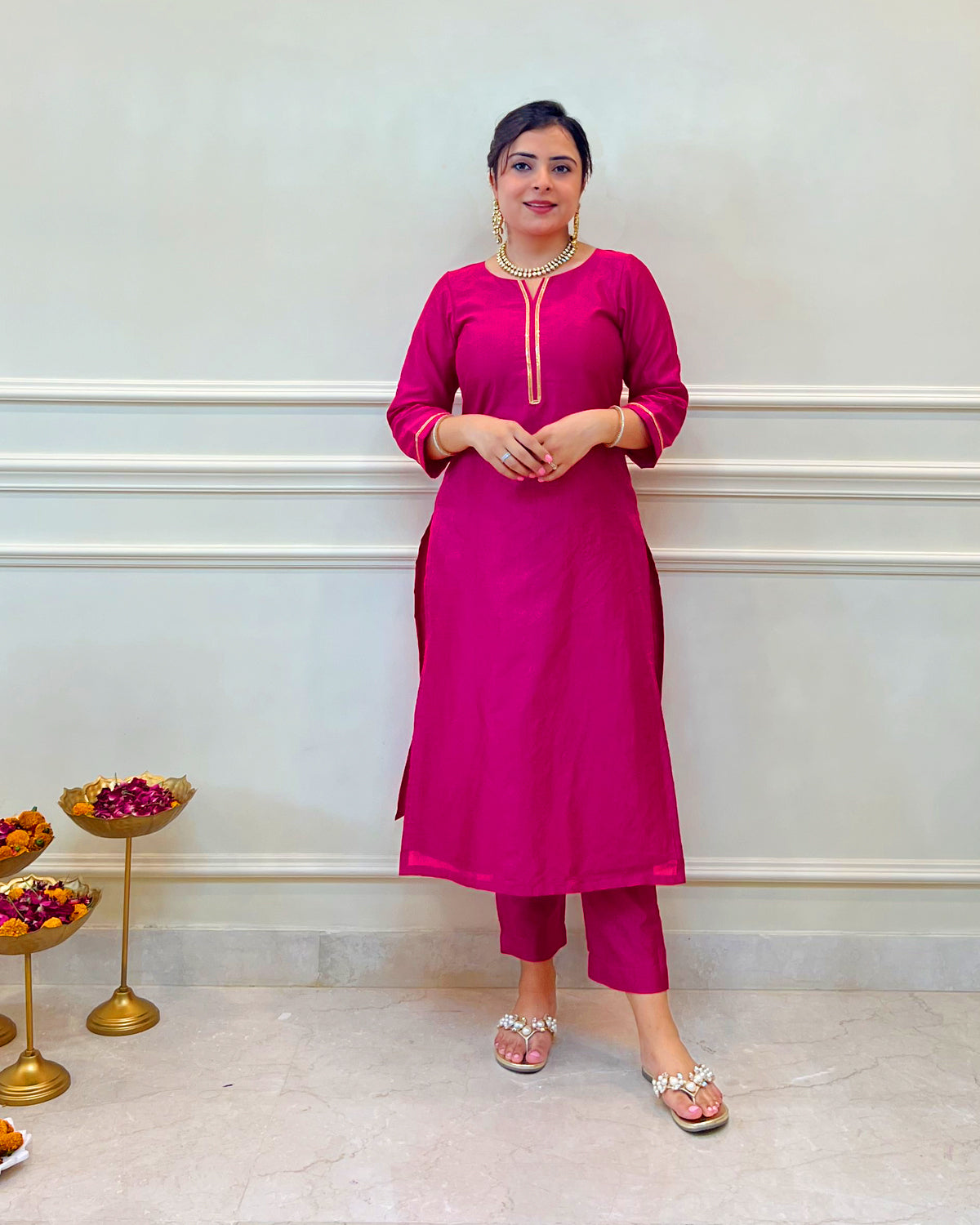 Rani pink pearl work kurta and palazzo- Set Of Two by Ambraee | The Secret  Label