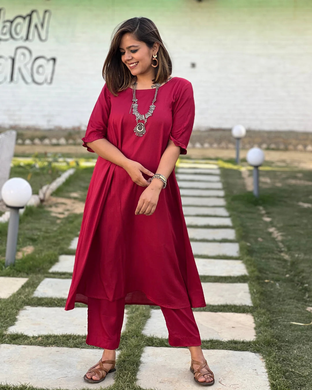 Maroon Aline Frilled Kurta With Pants For Women