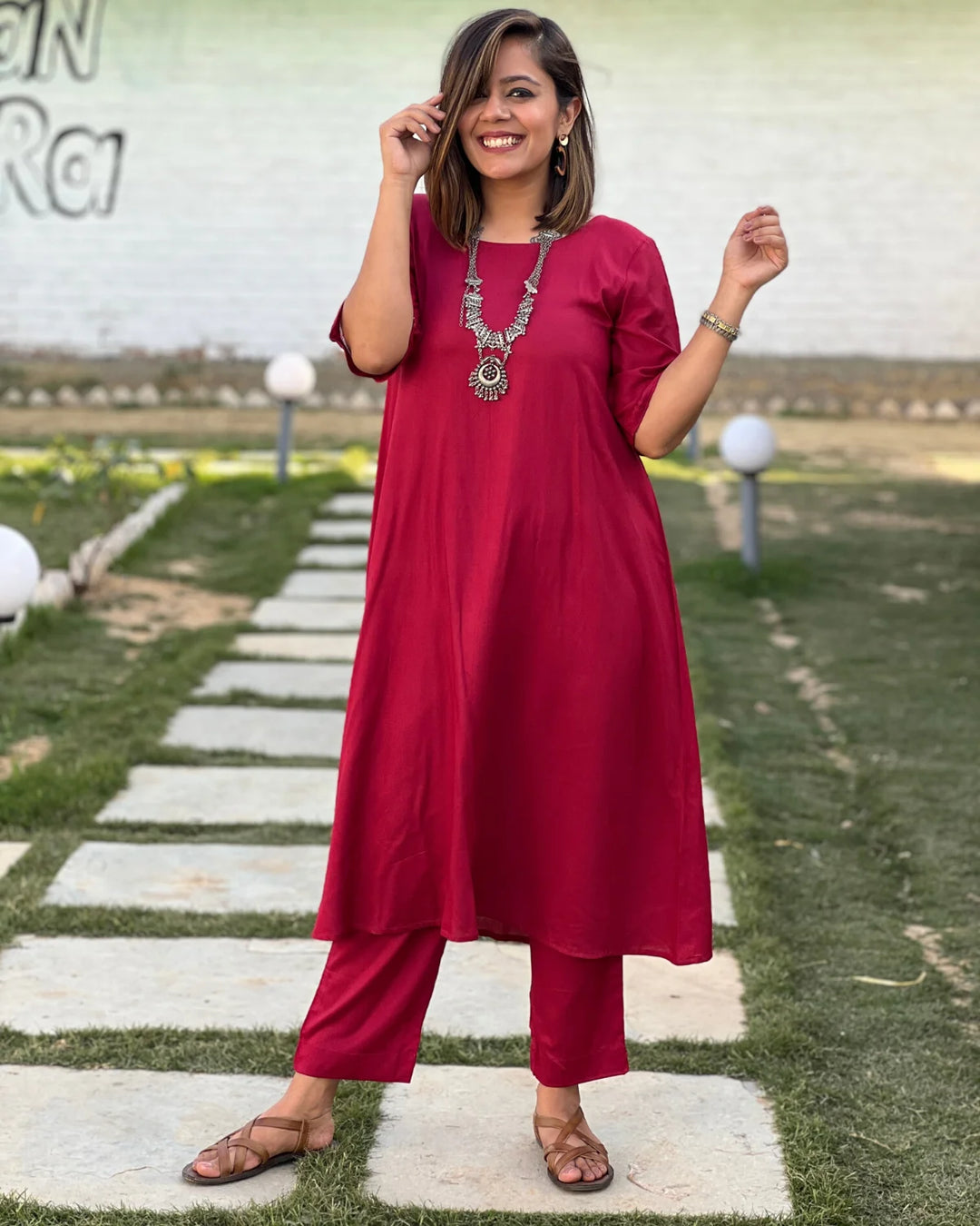 Maroon Aline Frilled Kurta With Pants For Women