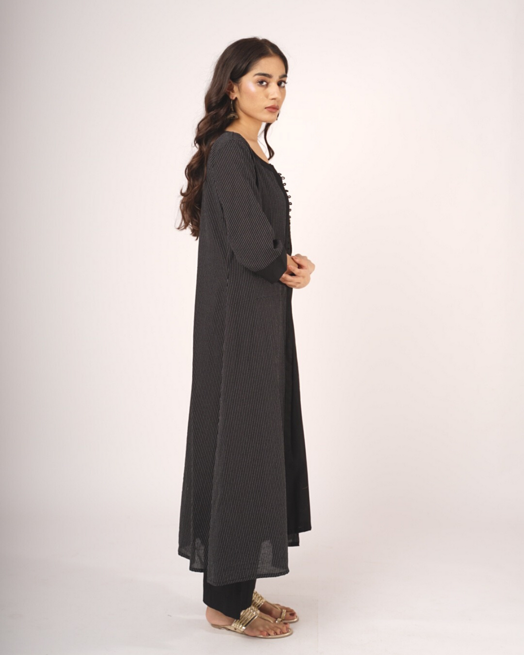 Long Black Cotton Jacket With Katha Details