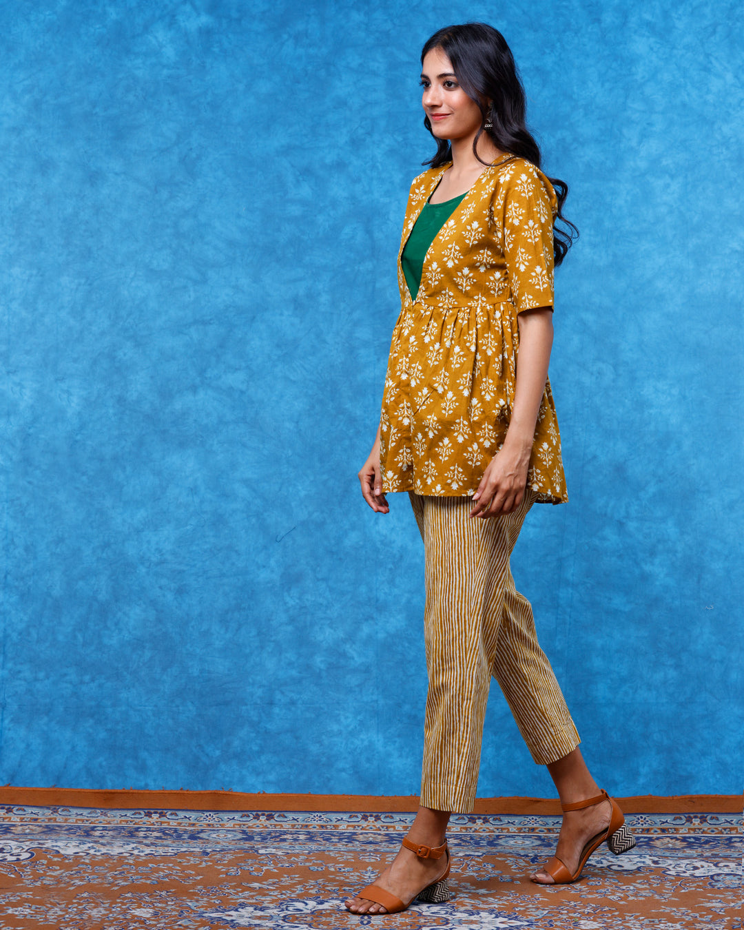 Ochre Jacket & Pants Coord Set With Emerald Top - Set of 3
