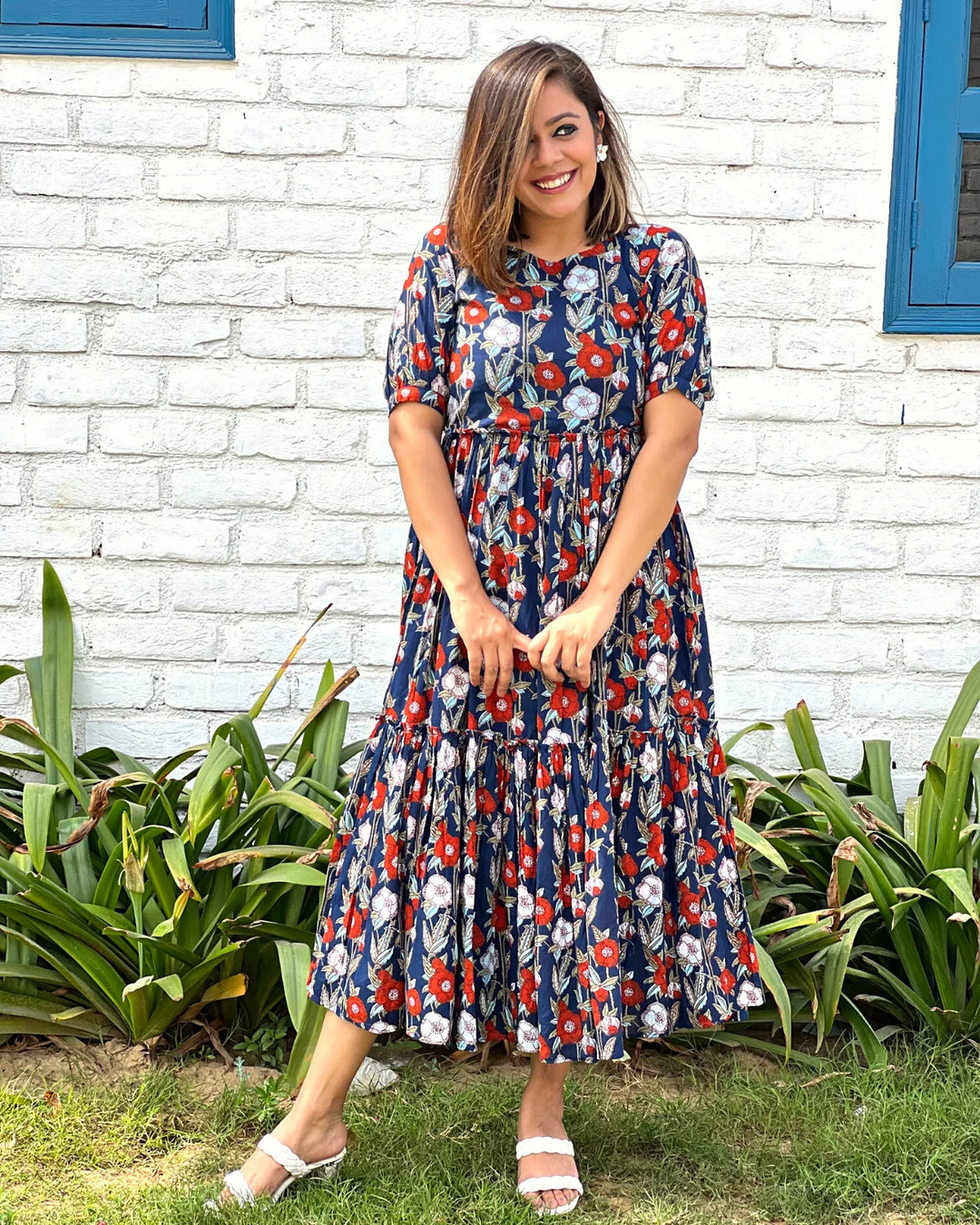 Navy Printed Tiered Cotton Maxi Dress