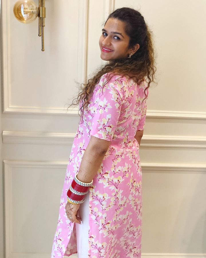 Dreamy Floral Pink Front Open Straight Kurta