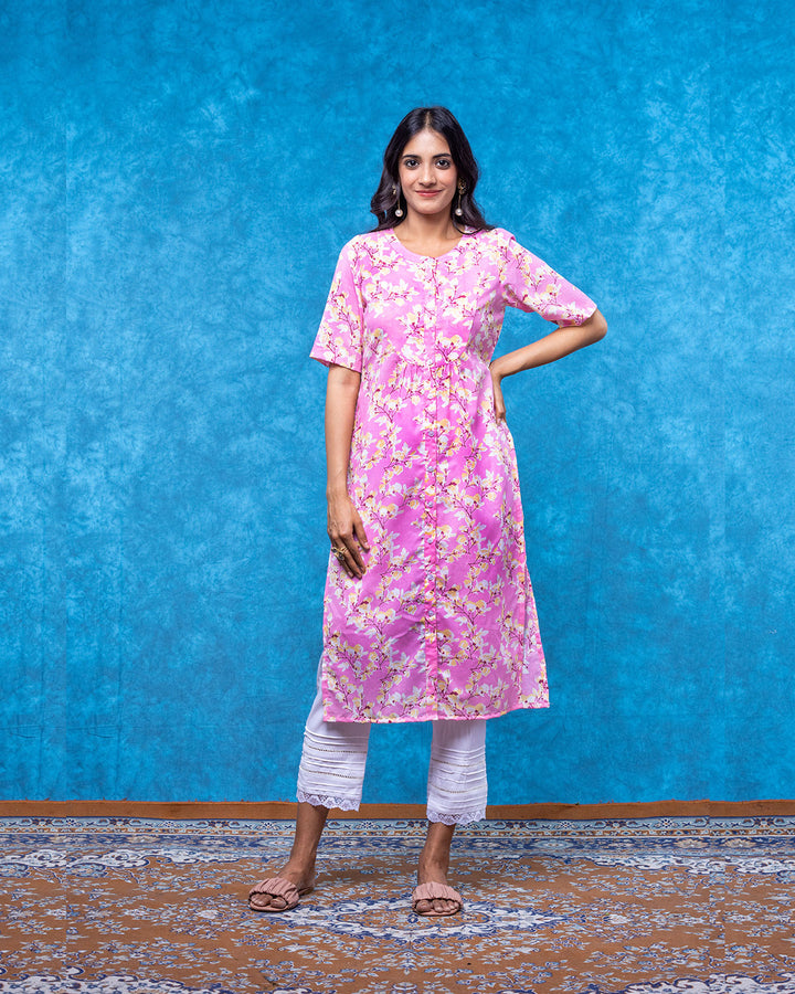 Dreamy Floral Pink Front Open Straight Kurta