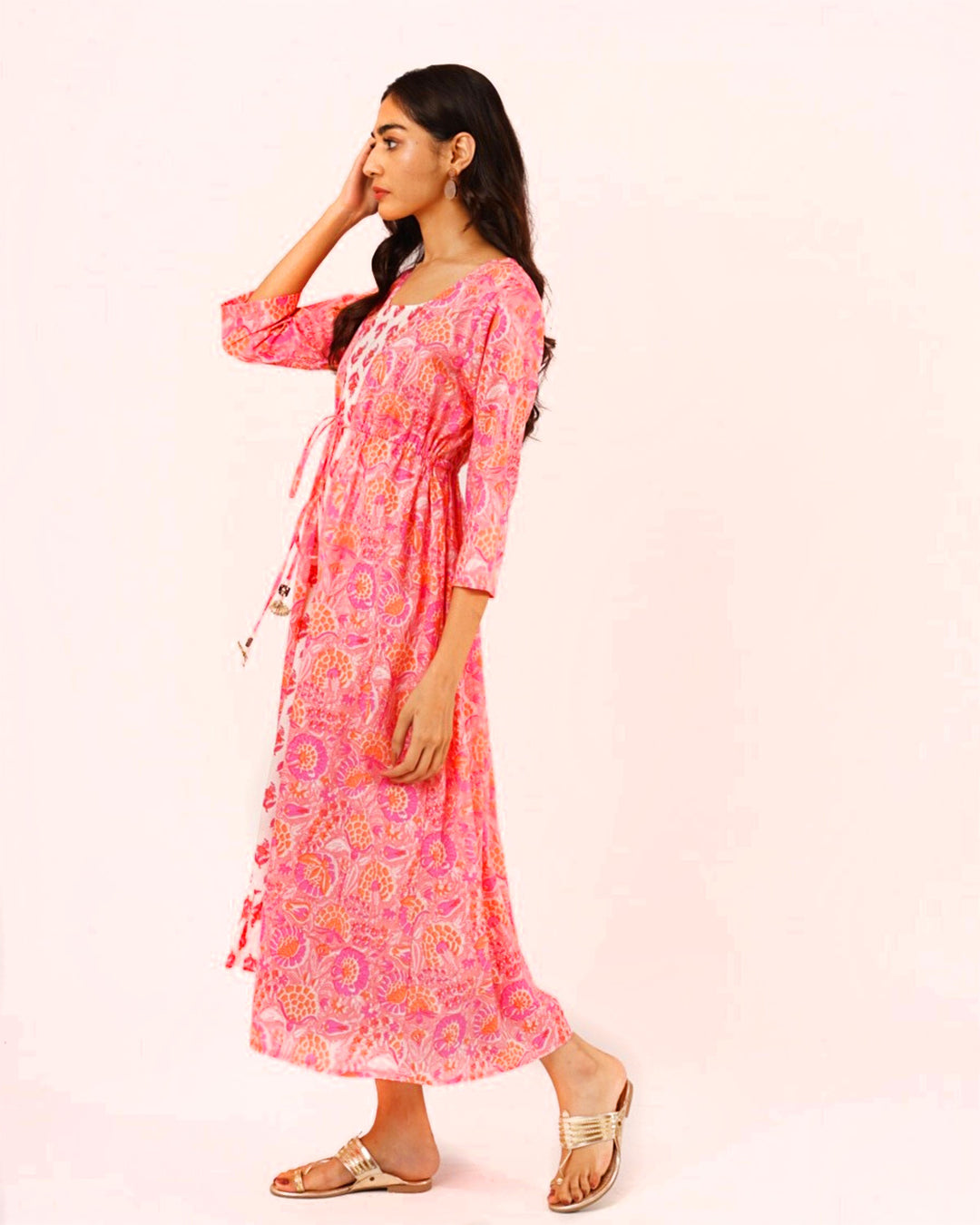 Printed Pink Marigold Jacket With Cotton Dress