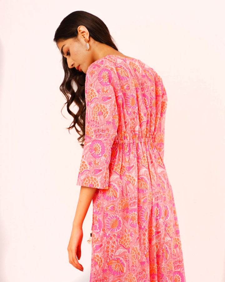 Printed Pink Marigold Jacket With Cotton Dress