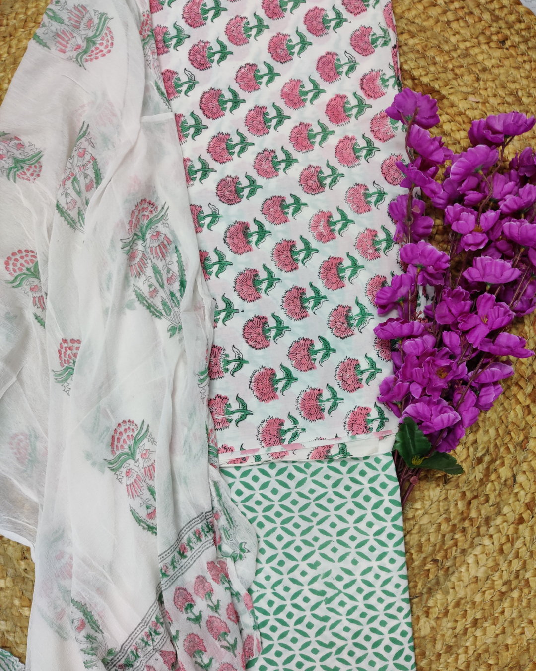Pink and Green Detailed Cotton Unstitched Suit Fabric
