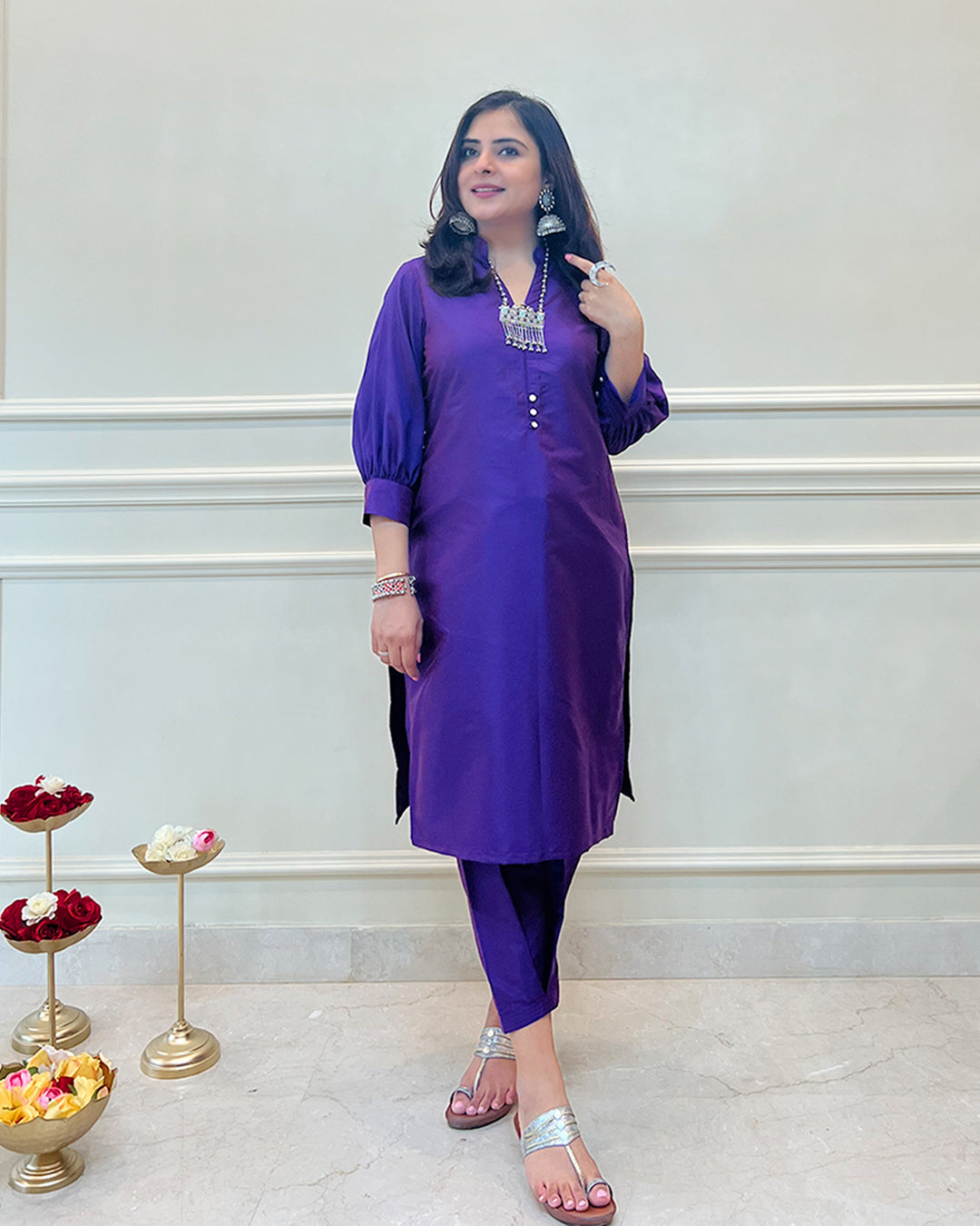 Purple Silk Short Kurta & Fusion Salwar - Set of 2