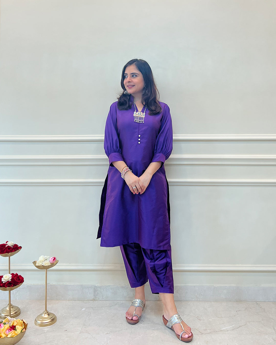 Purple Silk Short Kurta & Fusion Salwar - Set of 2