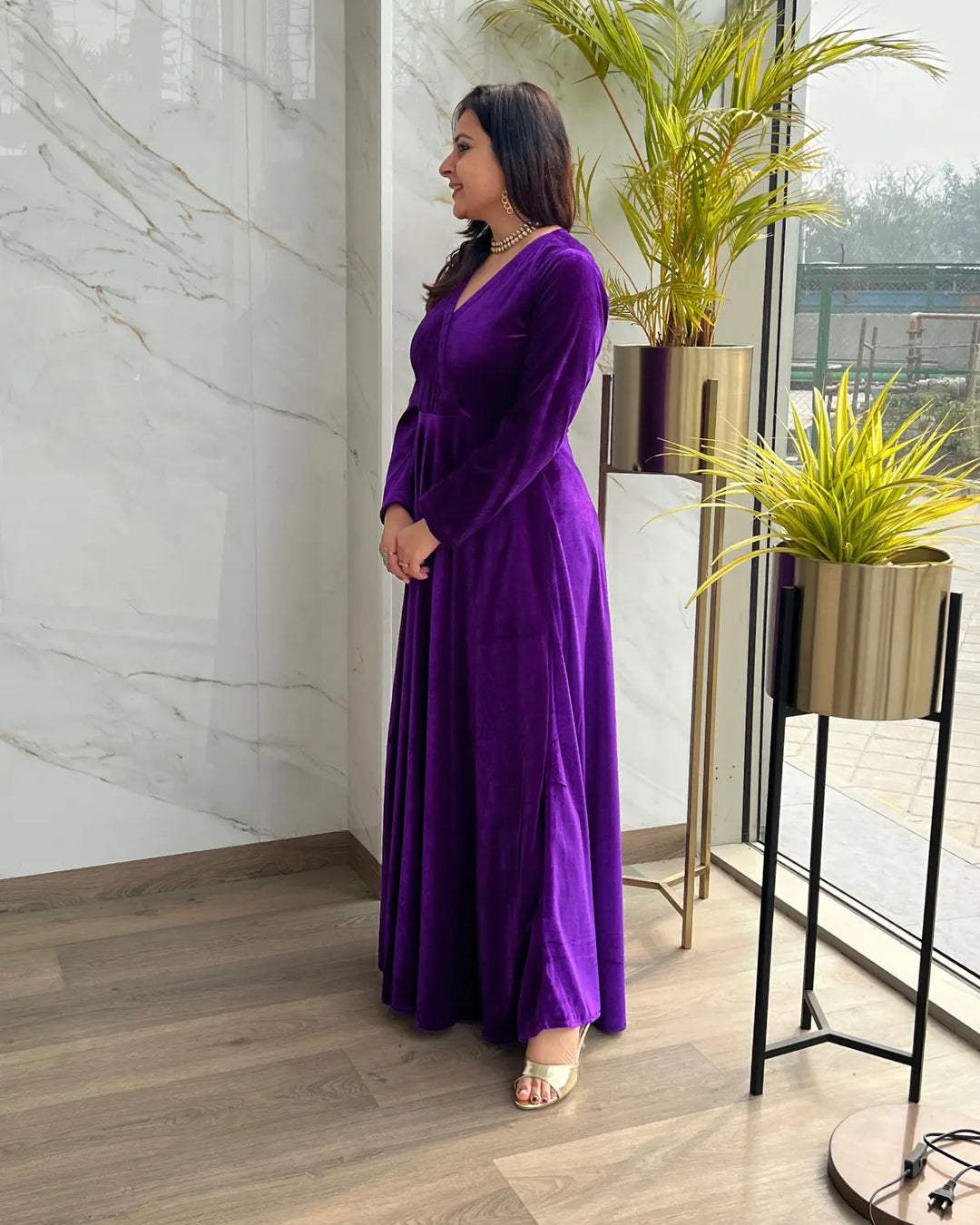 Purple Fit and Flare Long Velvet Dress The Svaya Purple Fit and Flare Long Velvet Dress The Svaya