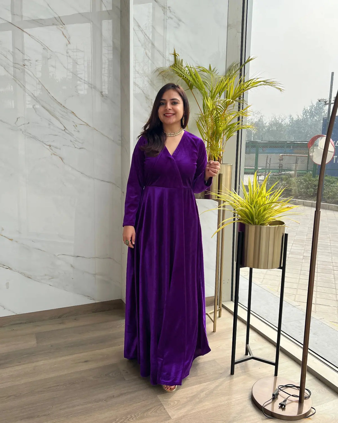 Purple Fit and Flare Long Velvet Dress - Main Image