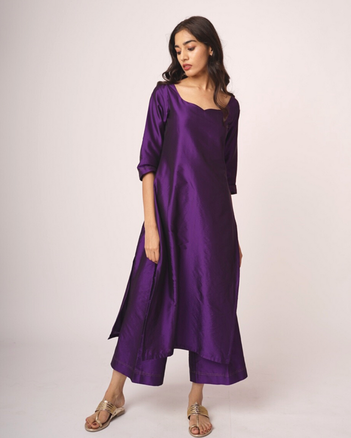 Purple Silk Straight Suit With Sleeves 