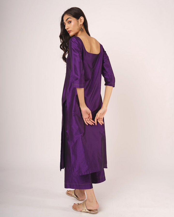 Purple Silk Straight Suit With Deep Back