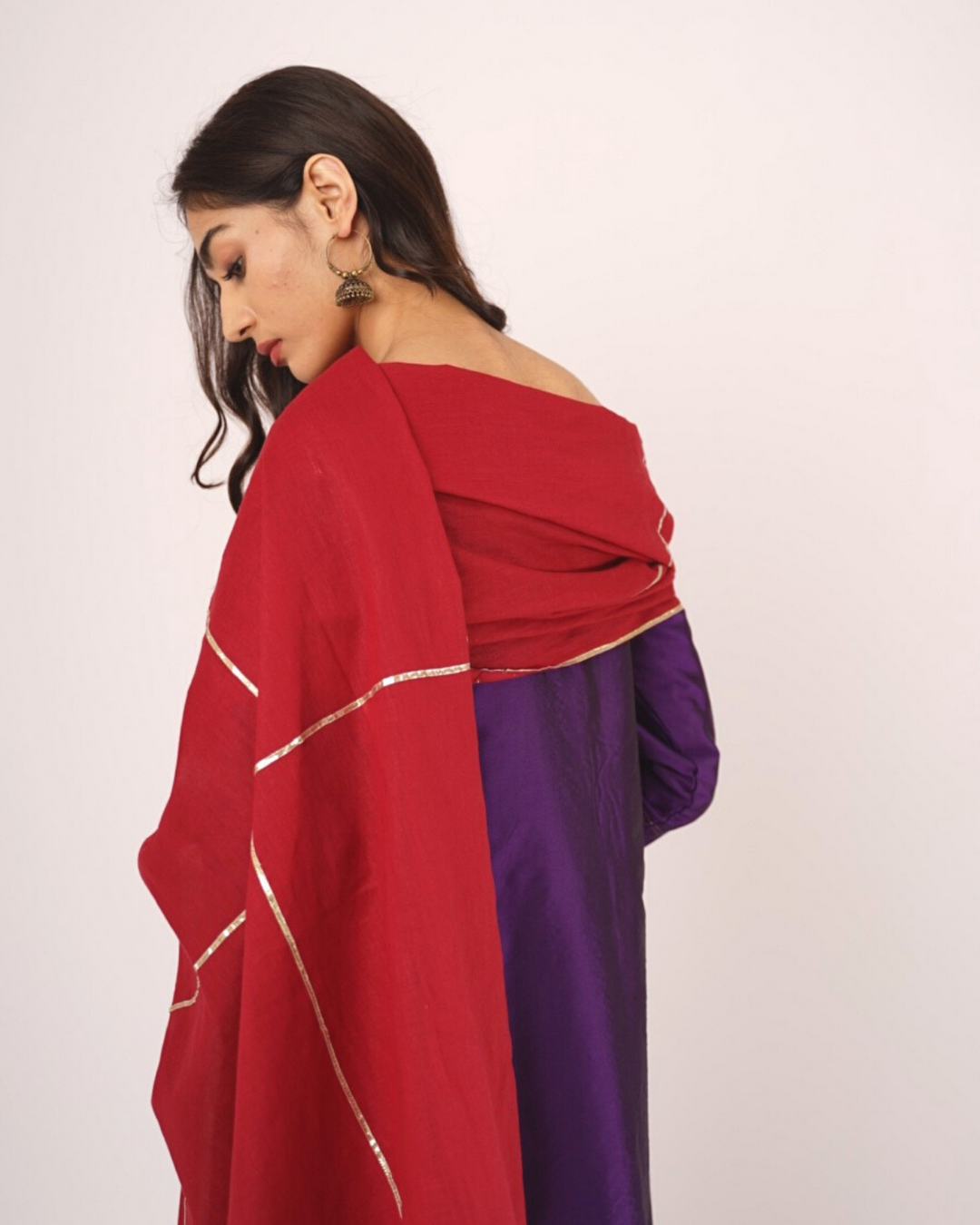 Purple Silk Suit Set With Crimson Dupatta