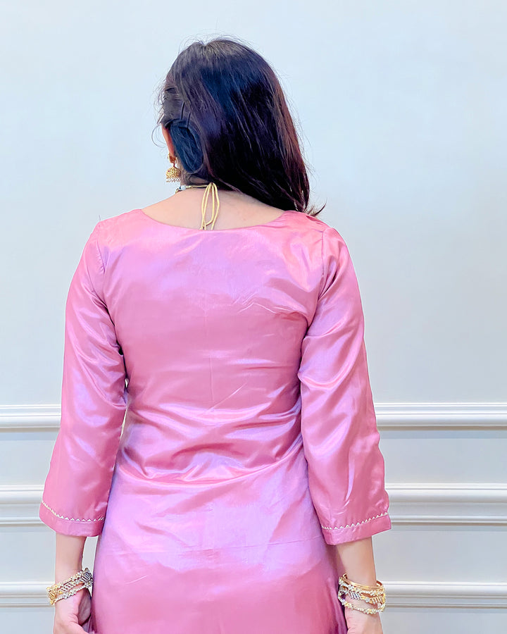 Rose Pink Silk Lace Kurta, Palazzo  & Dupatta - Set of 3