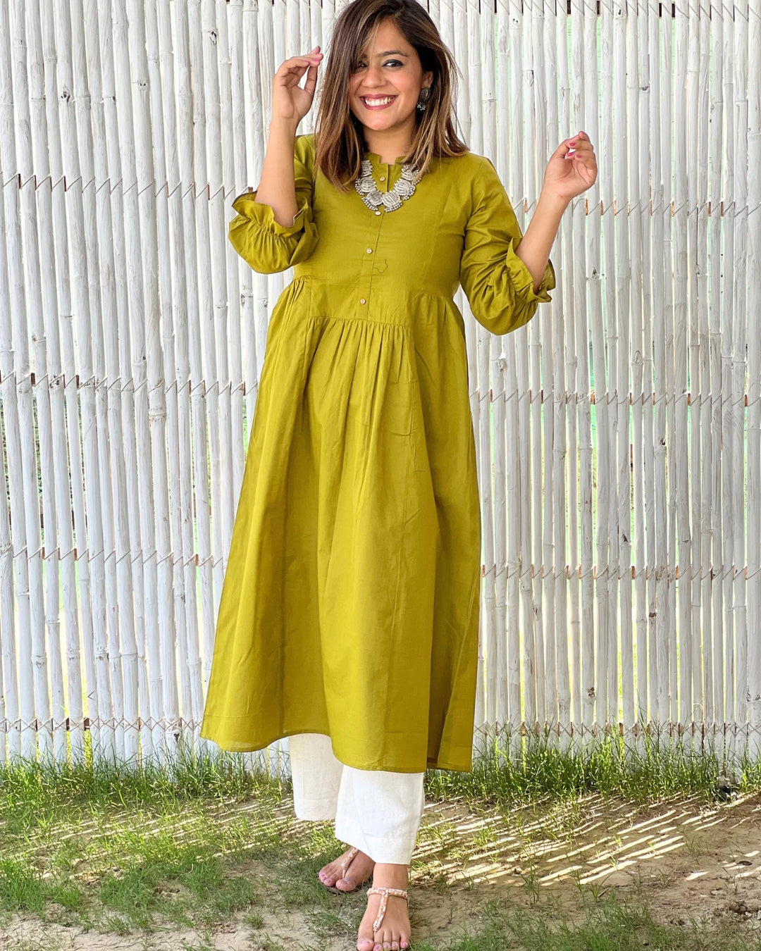 Sap Green Cotton Aline Gathered Kurta