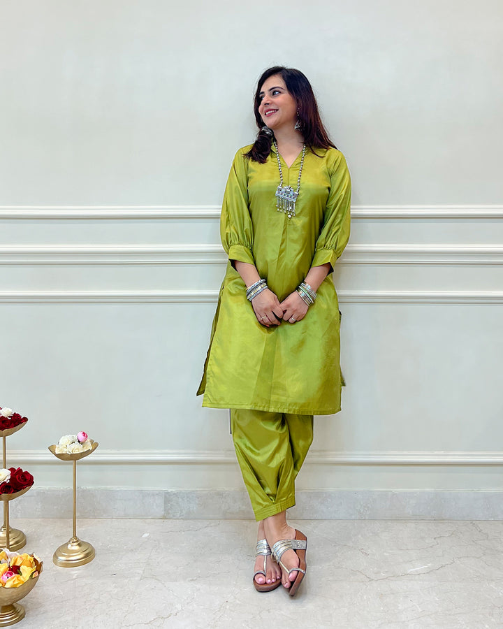 Green Silk Short Kurta & Fusion Salwar - Set of 2