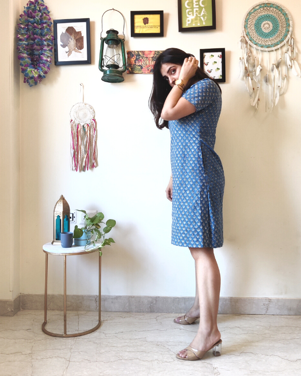 Blue Short Cotton Dress With Lining
