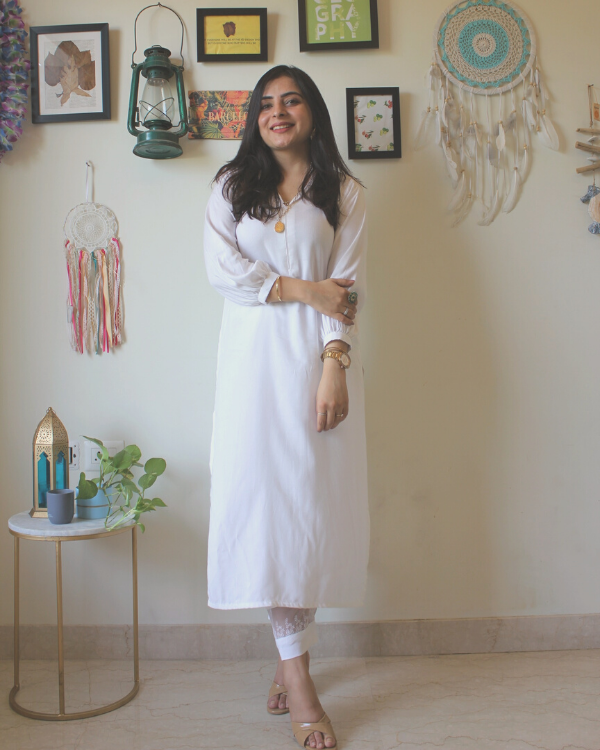 Solid White Kurta Set With Sheer Detailing on the Hem of the Pants