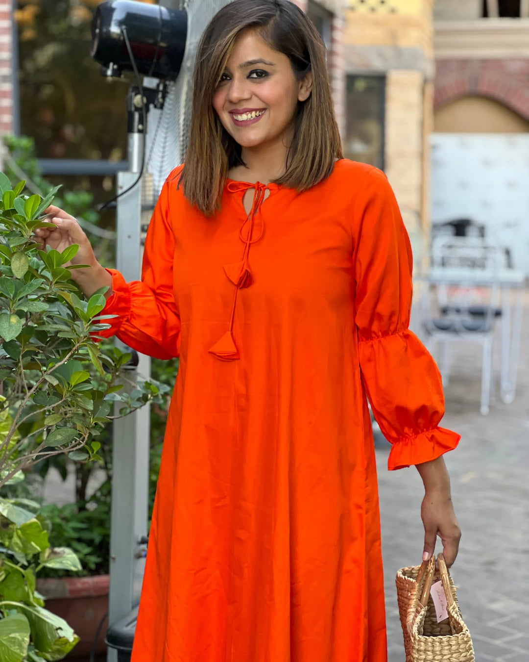 Tangerine Balloon Sleeve Dress