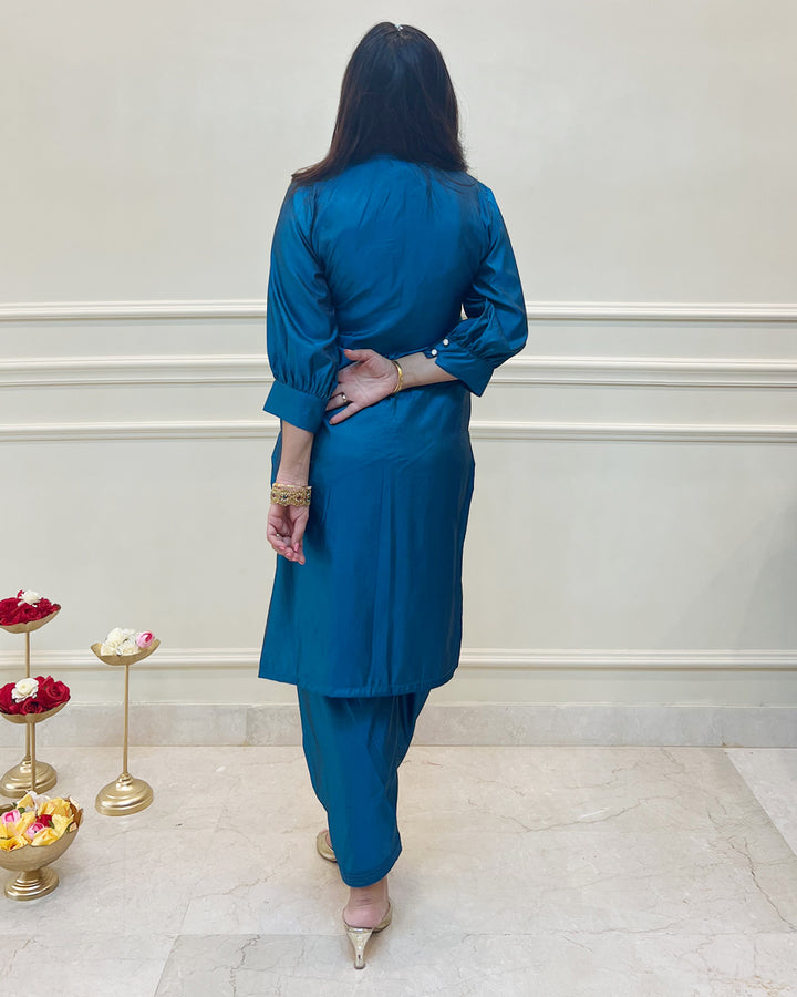 Teal Blue Silk Short Kurta & Fusion Salwar - Set of 2