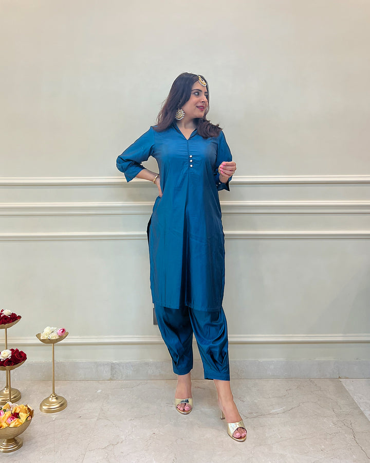Teal Blue Silk Short Kurta & Fusion Salwar - Set of 2