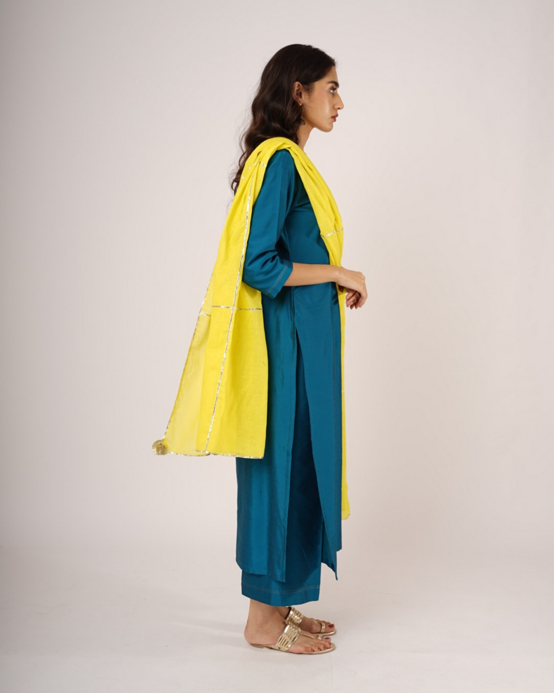 Teal Blue Silk Straight Suit With Dupatta