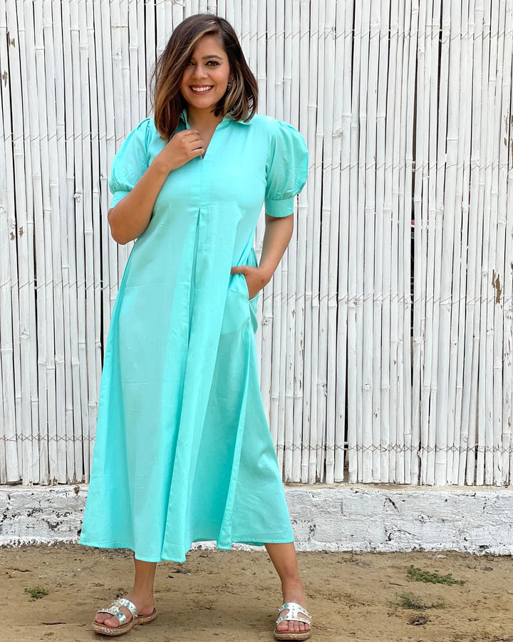 A-Line Turquoise Cotton Dress