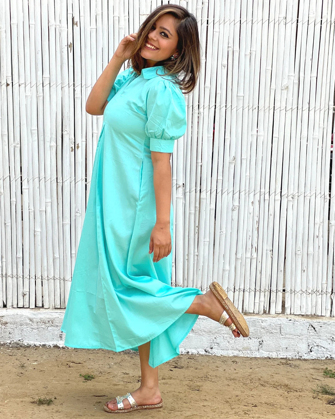 Comfortable A-line Tuquoise Cotton Dress 