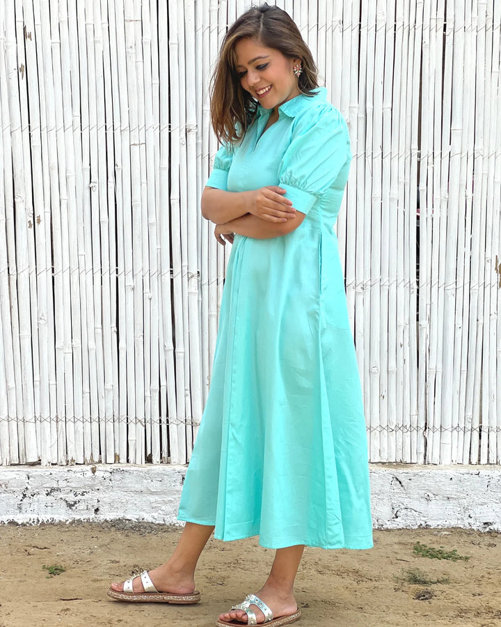 Stylish A-Line Dress in Turquoise Cotton For women's