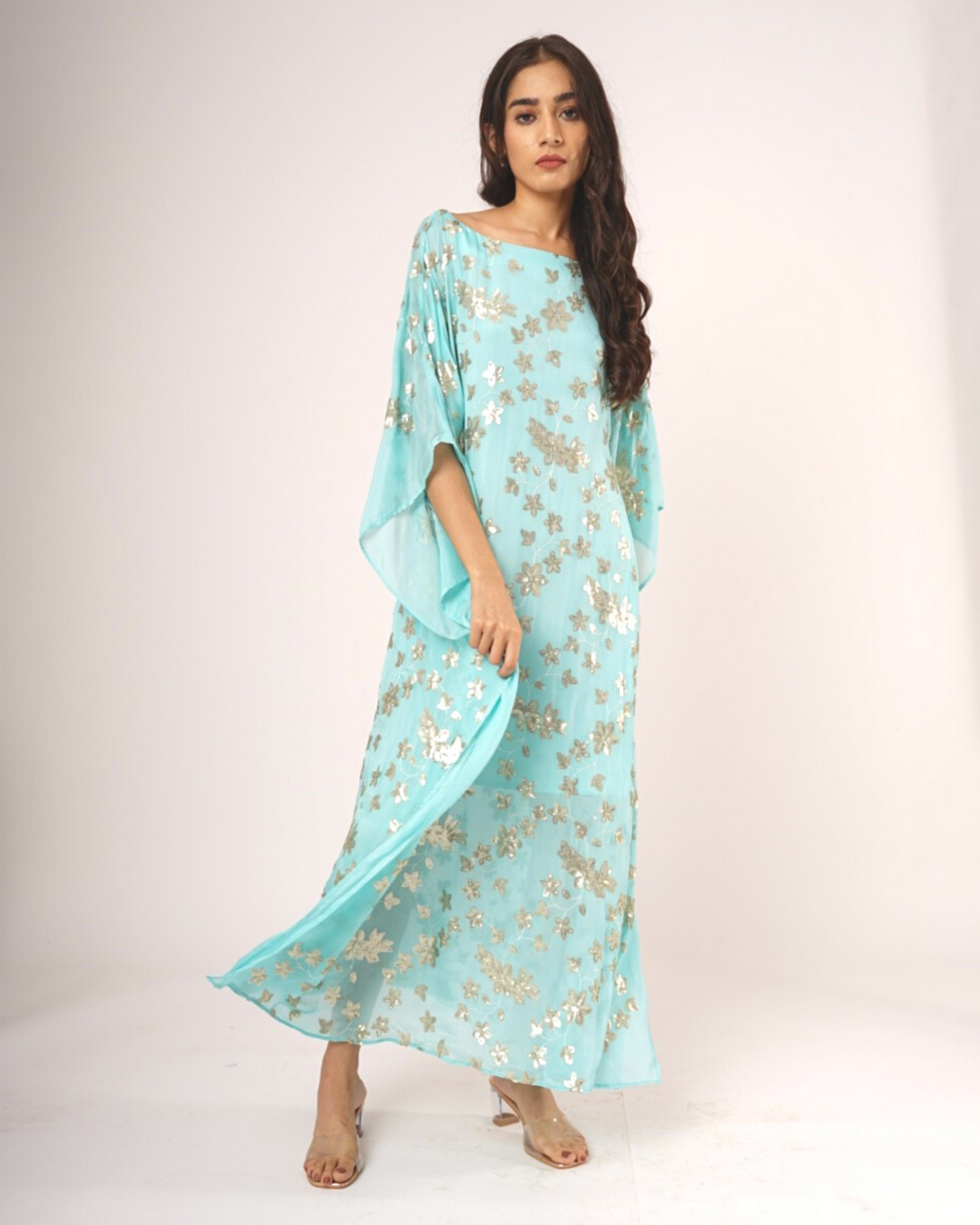 Turquoise Sequins Kaftan With Elbow Length Sleeves