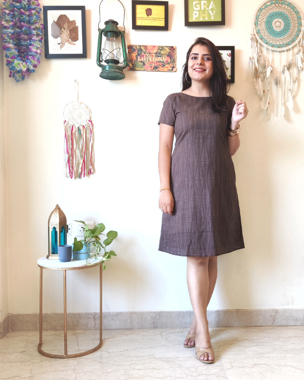 Umber Cotton Short Dress with Pockets 